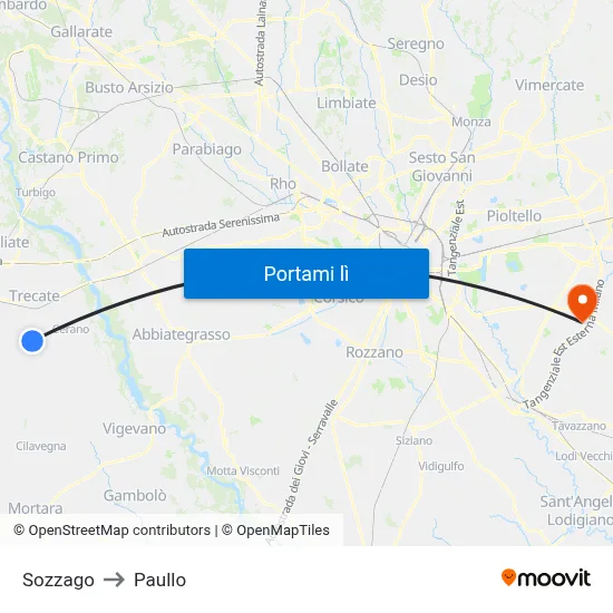 Sozzago to Paullo map