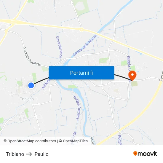 Tribiano to Paullo map