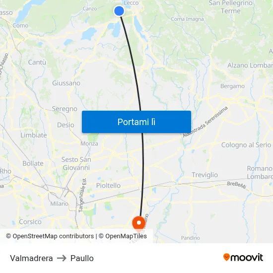 Valmadrera to Paullo map