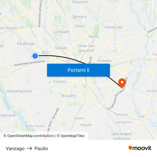Vanzago to Paullo map