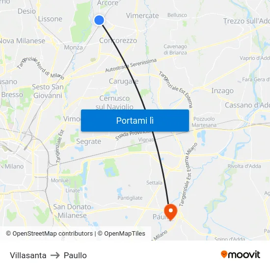 Villasanta to Paullo map