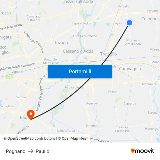 Pognano to Paullo map
