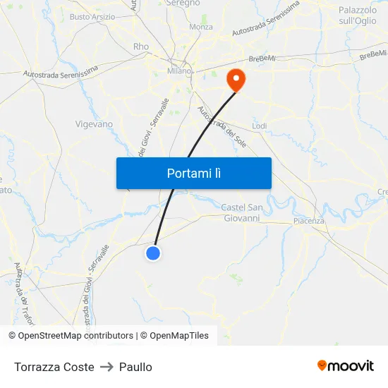 Torrazza Coste to Paullo map