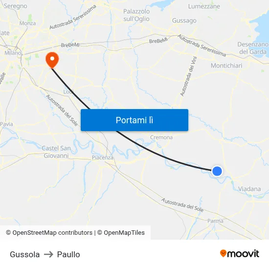 Gussola to Paullo map