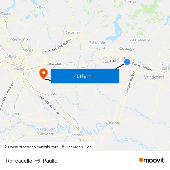 Roncadelle to Paullo map