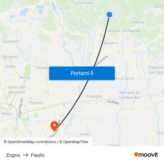 Zogno to Paullo map