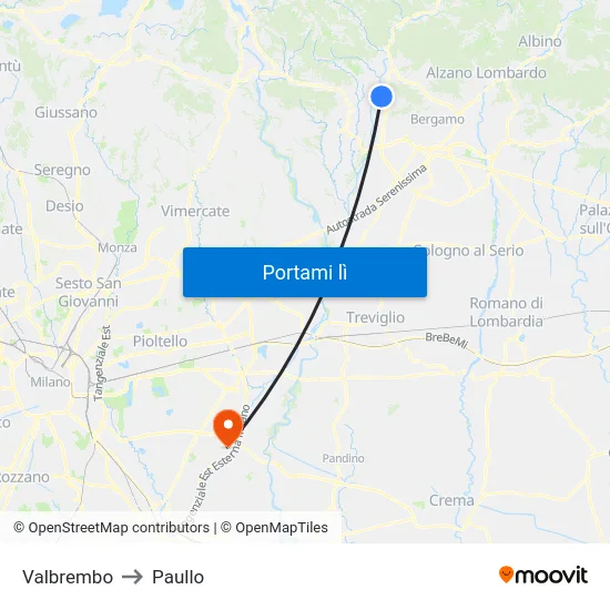 Valbrembo to Paullo map