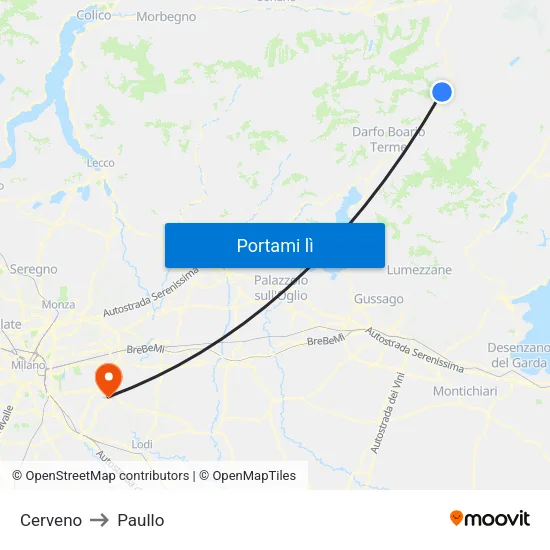 Cerveno to Paullo map