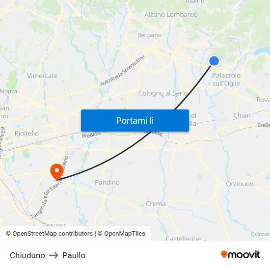 Chiuduno to Paullo map