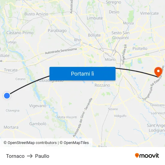 Tornaco to Paullo map