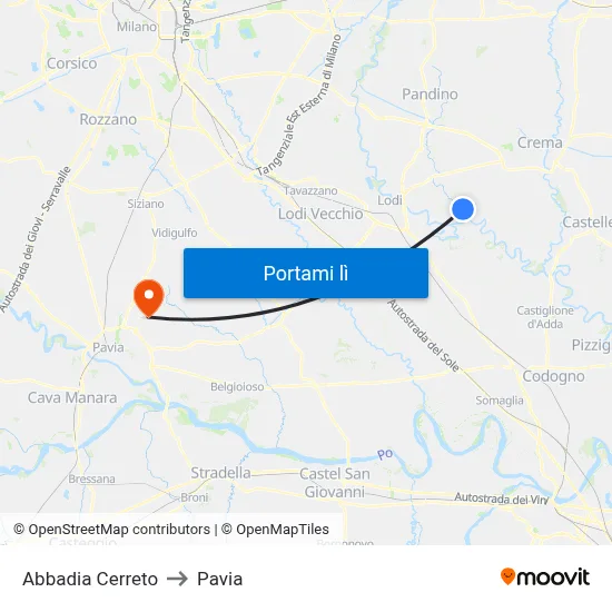 Abbadia Cerreto to Pavia map