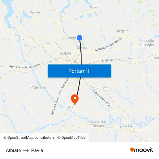 Albiate to Pavia map