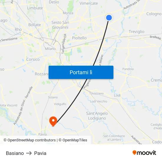 Basiano to Pavia map