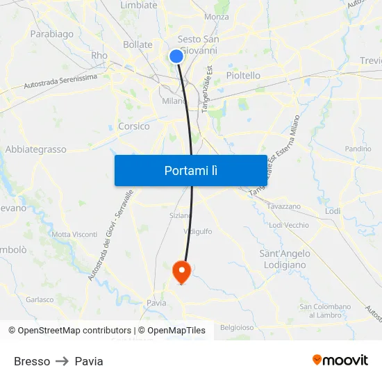Bresso to Pavia map