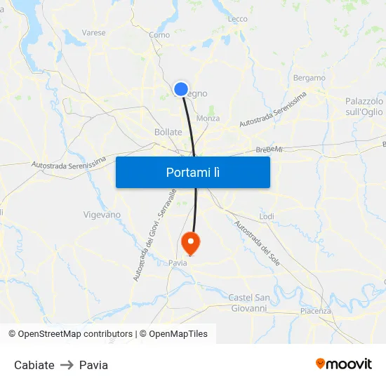 Cabiate to Pavia map