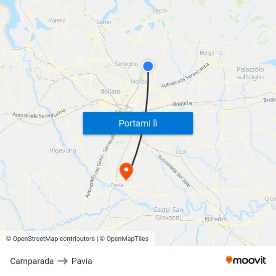 Camparada to Pavia map