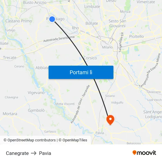 Canegrate to Pavia map