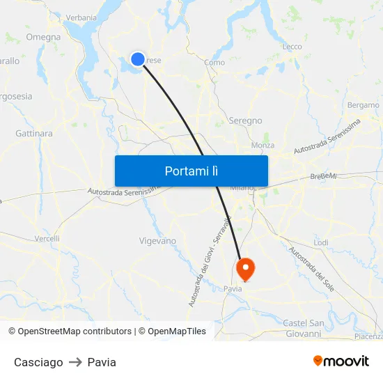 Casciago to Pavia map