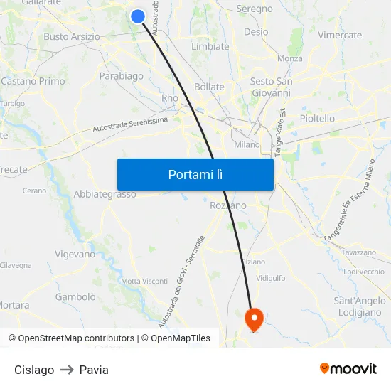 Cislago to Pavia map
