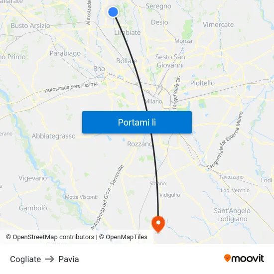 Cogliate to Pavia map