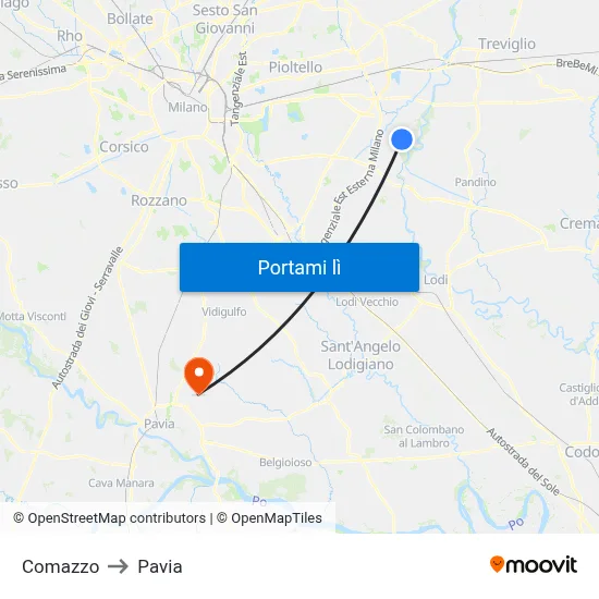 Comazzo to Pavia map