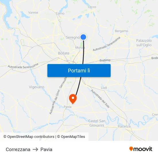 Correzzana to Pavia map
