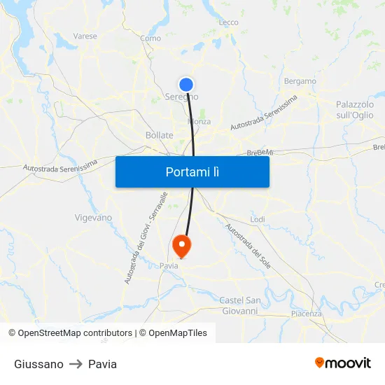 Giussano to Pavia map