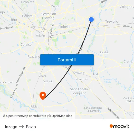 Inzago to Pavia map