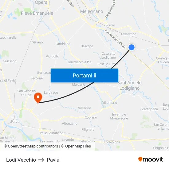 Lodi Vecchio to Pavia map