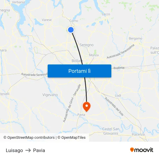 Luisago to Pavia map