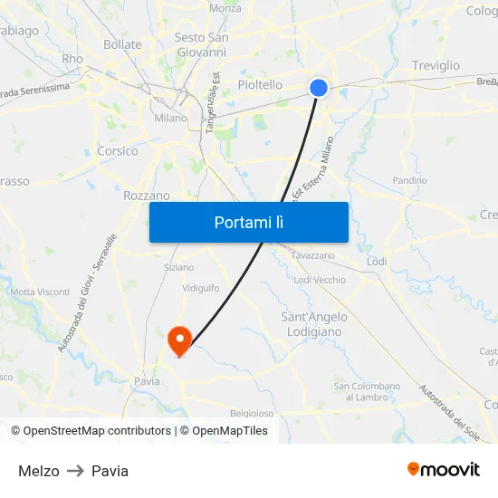Melzo to Pavia map