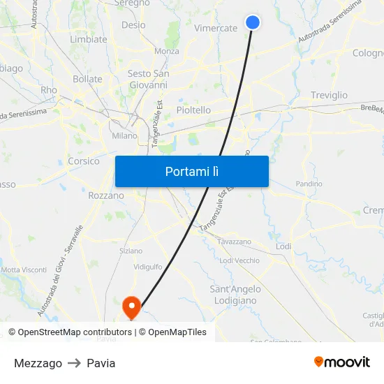 Mezzago to Pavia map