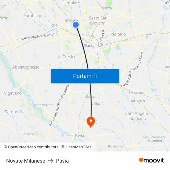 Novate Milanese to Pavia map
