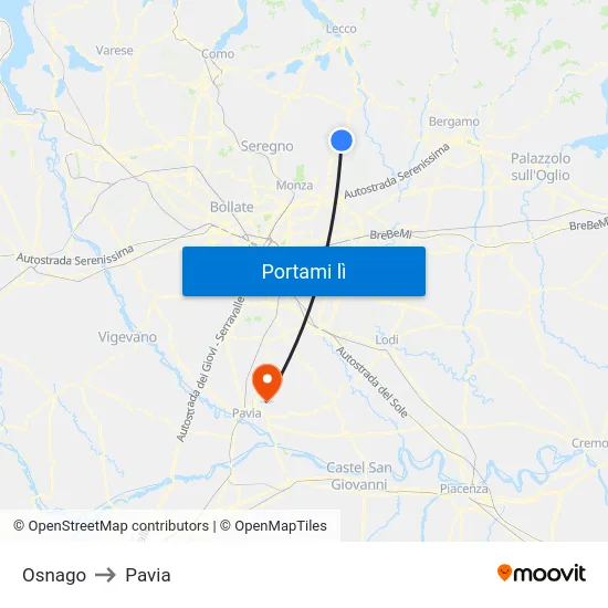 Osnago to Pavia map