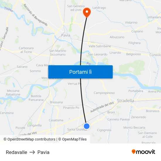 Redavalle to Pavia map