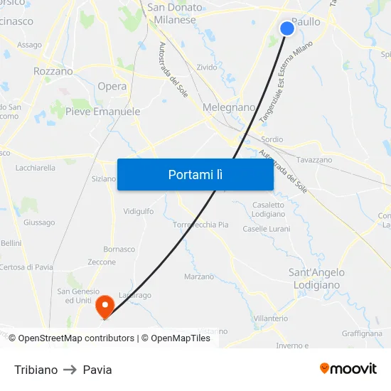 Tribiano to Pavia map