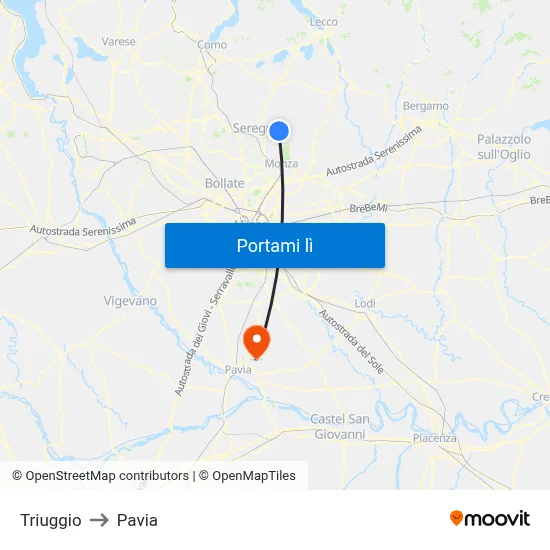 Triuggio to Pavia map
