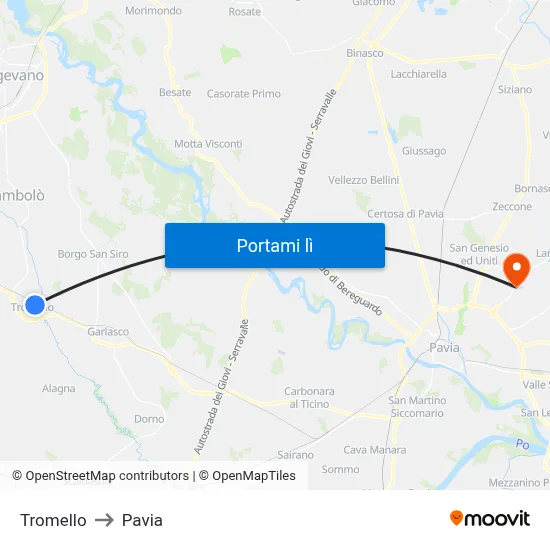 Tromello to Pavia map