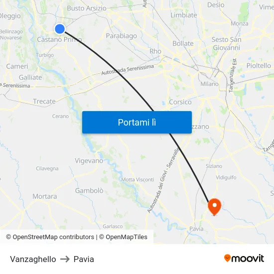 Vanzaghello to Pavia map