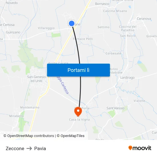 Zeccone to Pavia map