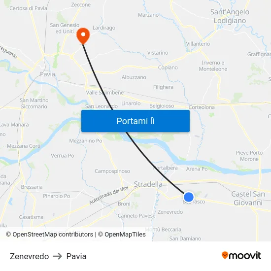 Zenevredo to Pavia map