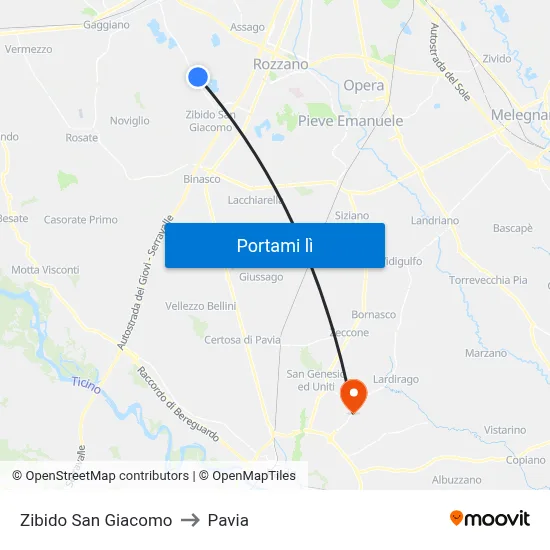 Zibido San Giacomo to Pavia map