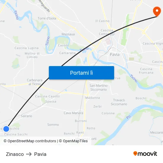 Zinasco to Pavia map