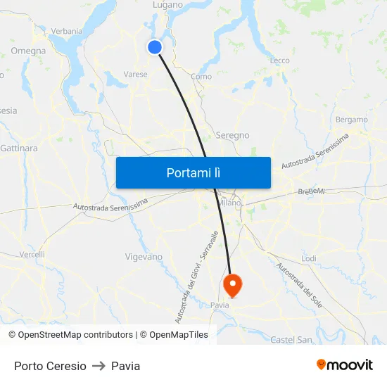 Porto Ceresio to Pavia map