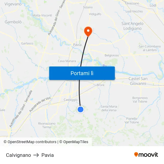 Calvignano to Pavia map