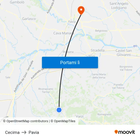 Cecima to Pavia map