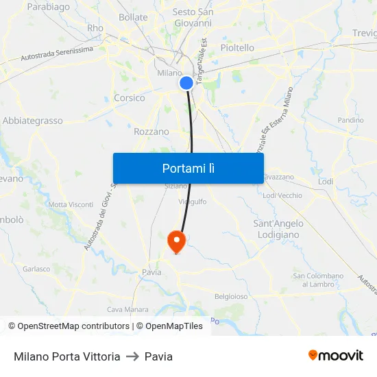 Milano Porta Vittoria to Pavia map
