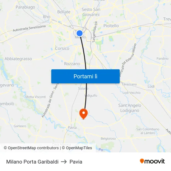 Milano Porta Garibaldi to Pavia map