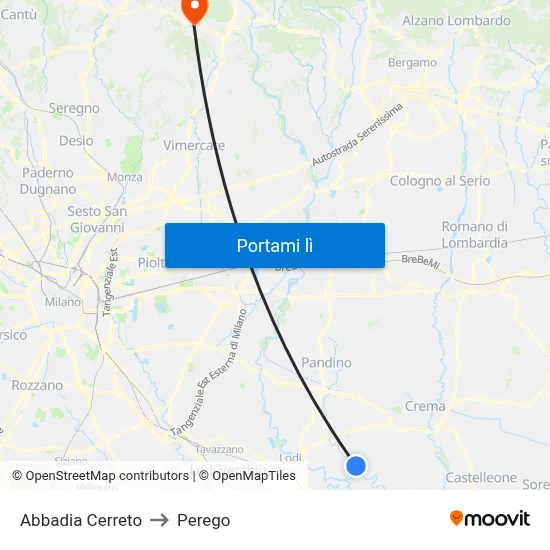 Abbadia Cerreto to Perego map