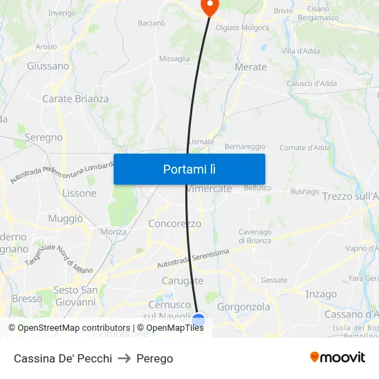 Cassina De' Pecchi to Perego map